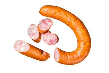 Krakow Smoked sausage with rosemary and spices on a wooden board.  Transparent background. Isolated.