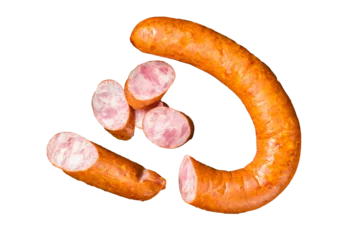 Fotobehang Krakow Smoked sausage with rosemary and spices on a wooden board.  Transparent background. Isolated. © Vladimir