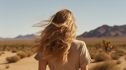 blonde woman with long wavy hair in the desert - obrazy, fototapety, plakaty