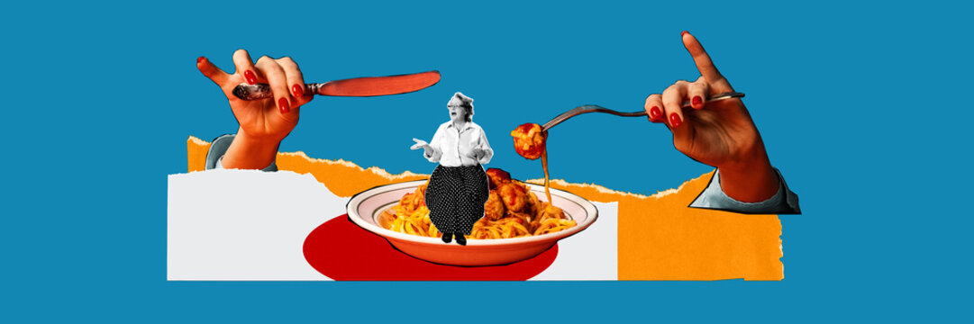 Senior woman in retro clothes sitting on plate with delicious pasta with meatballs over blue background. Contemporary art collage. Concept of food, creativity, imagination, surrealism, pop art style