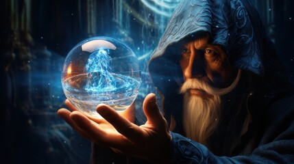 Soothsayer with beard, mustache, and hood, holding crystal ball in hands, telling fortunes. Magic and sorcery concept. - obrazy, fototapety, plakaty