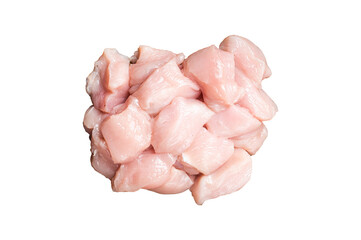Diced raw chicken meat, uncooked poultry fillets. Transparent background. Isolated. - obrazy, fototapety, plakaty