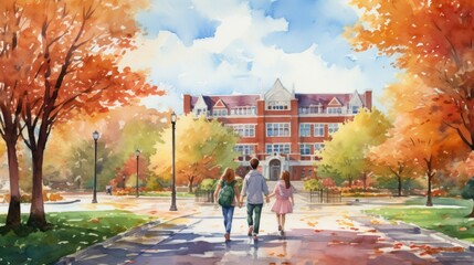 Watercolor drawing of children going to school, with bright autumn trees and a school building in the background - obrazy, fototapety, plakaty