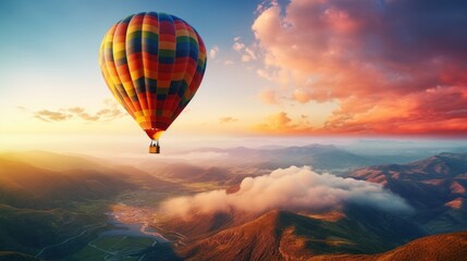 Colorful hot air balloon soaring through the sky, surrounded by clouds and mountain peaks, a tranquil and idyllic scene