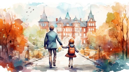 Watercolor painting of parent and child walking to school on crisp autumn day - obrazy, fototapety, plakaty
