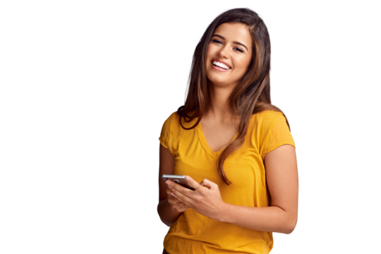 Woman, portrait and smile with phone to chat, update social media post and reading notification isolated on transparent png background. Smartphone, typing and search web for news, mobile games or app