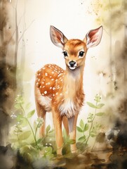 Watercolor drawing of small cute deer standing in forest