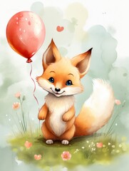 Fototapeta premium A cheerful watercolor cute fox in the forest with a red balloon is a fun piece of art for cards and invitations.
