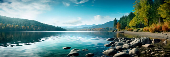 Calm and reflective lakeshores with serene waters and scenic beauty.