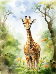 Vibrant watercolor drawing showcasing a cheerful giraffe in its natural habitat