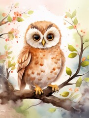 Fototapeta premium Watercolor owl sitting on a tree branch