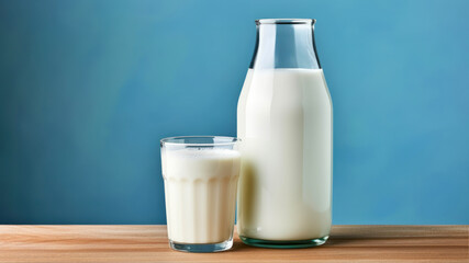 Milk in glass bottle and glass on wooden table on blue background