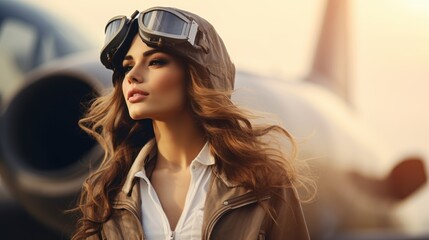 Young girl pilot with long hair, glasses and pilot jacket near the plane