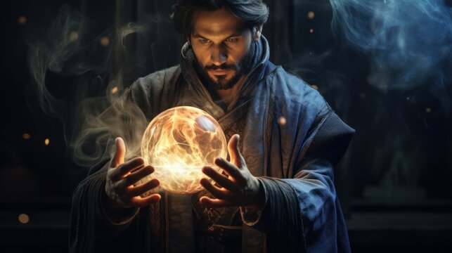 A sorcerer in a dark cloak holds a magic ball in his hands, looks into it around the haze