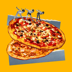 Men in retro sportswear training on delicious pizza against yellow background. Sport and delicious...