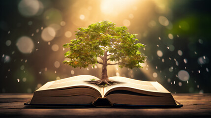 Knowledge and wisdom concept tree growing up on book - obrazy, fototapety, plakaty