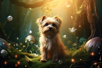A fantasy magic dog in a fairy-tale wonderland forest. Artistic abstract cute animal. - obrazy, fototapety, plakaty