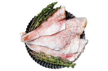 Raw ocean red perch fillet, Snapper fish with herbs.  Transparent background. Isolated.