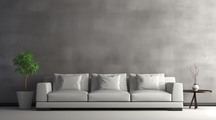 Modern gray sofa in the attic room. Minimal living room. generative ai