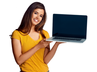 Portrait, website and a woman showing a laptop screen isolated on transparent background for information. Computer, internet and happy young person with an empty display on PNG for mockup marketing