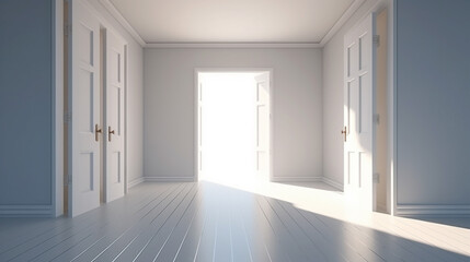 Modern hallway with open door. generative ai