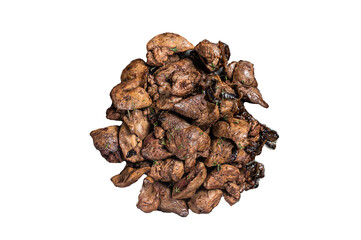 Fried chicken liver with onions and herbs.  Transparent background. Isolated.