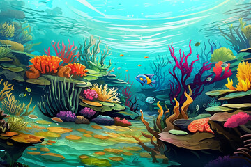 Fototapeta na wymiar painting of coral reef and fishes