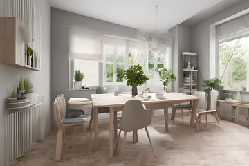 Modern Clean Contemporary Grey White Kitchen, Wooden Dining Table with Big Window and Herringbone Parquet Floor
