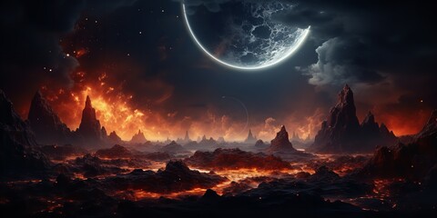 A fantastical scene of a burning planet with bright stars. Generative Ai.