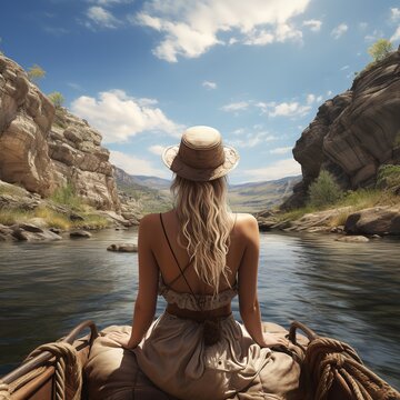 A blond lady riding a boat on a lovely mountain river. Generative Ai.