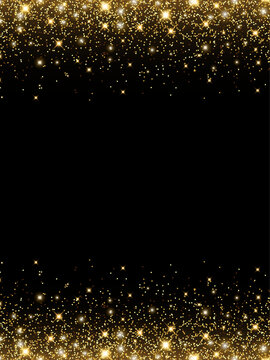 Vector shining gold background with glitter on a black background for Christmas celebration party, New Year card, wedding, bachelorette party, baby shower party, birthday, casino. Vector illustration