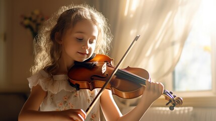 Violinist with long curly blonde hair plays violin in sunny room