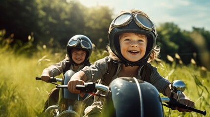 Children in motorcycle helmets and glasses ride motorcycles on green field in forest, laughing.