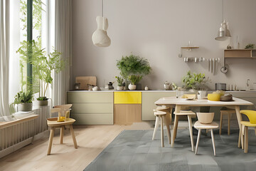 Modern Clean Contemporary Yellow Kitchen, Dining Table with Chairs and Herringbone Parquet Floor