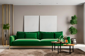 A modern living room with a sofa, table and artwork on the wall