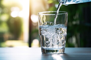 Quenching thirst. Crystal clear drinking water in nature embrace. Refreshing moments. Cool and clean cascading into glass. Pure joy of transparent liquid refreshment © Bussakon