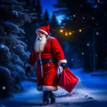 Santa Claus wading through snowdrifts with a sack of presents at night, it's snowing.
