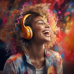 Young woman laughing and listening to music through headphones. Generative Ai.