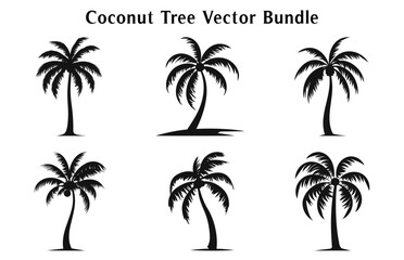 Coconut trees Silhouette Vector set isolated on white background, Coconut tree silhouettes Bundle