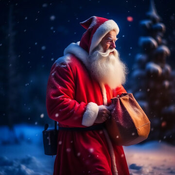 Santa Claus trudges through snowdrifts with a sack of presents at night, it's snowing