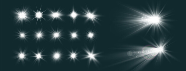 Set of bright light effects.Beautiful stars on the background.	
