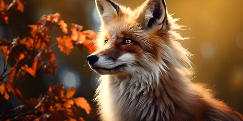 Red fox in the beautiful autumn forest, Fluffy red fox in the autumn forest, Portrait of a red fox Vulpes vulpes in the mountains Generative ai


