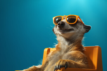 Cute and happy meerkat in sungkasses sitting at the chair and relax and enjoy the sunshine. Summer Vacation concept. 3D render. Poster high quality. Clear blue background