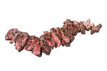 Sliced Grilled  Machete skirt beef meat steak. Transparent background. Isolated.