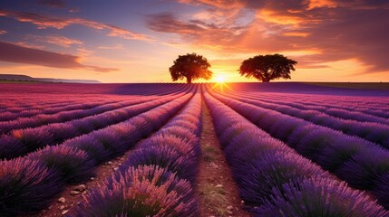 Lavender field and tree silhouette at sunset - obrazy, fototapety, plakaty