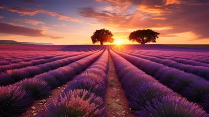 Foto op Canvas Lavender field and tree silhouette at sunset © Lubos Chlubny