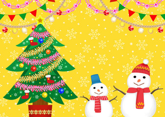 おしゃれなクリスマスの背景素材　クリスマスツリーと雪だるま　雪の結晶　飾り