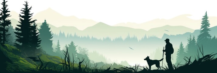 Illustration of a forest landscape and a hunter with a dog - obrazy, fototapety, plakaty