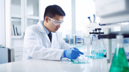 Serious clinician studying chemical element for medical analysis and innovation in laboratory