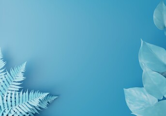 3D light blue background with copy space. Tropical leaves,foliage plant with space background. Top view. Elegant product presentation or text. 3D minimal rendering illustration.